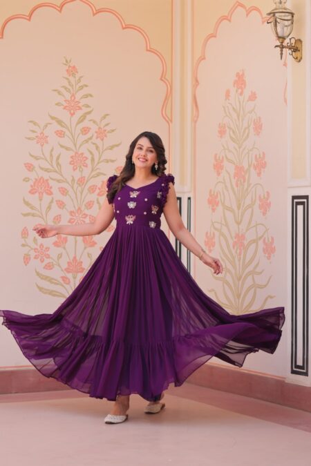 Women's Elegant Plum Purple Georgette Anarkali Gown with Butterfly Applique & Ruffle Sleeves – Festive & Special Occasion Wear